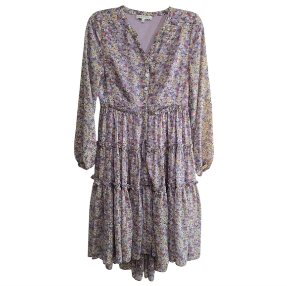 Ivy City Co. Lydia in Purple Floral Flowy Tiered Dress Small V-neck Modest - Picture 4 of 8
